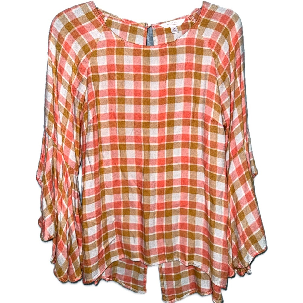 LC Lauren Conrad Top Women's M Split Bell Sleeves Plaid Hi-Low Keyhole Back.